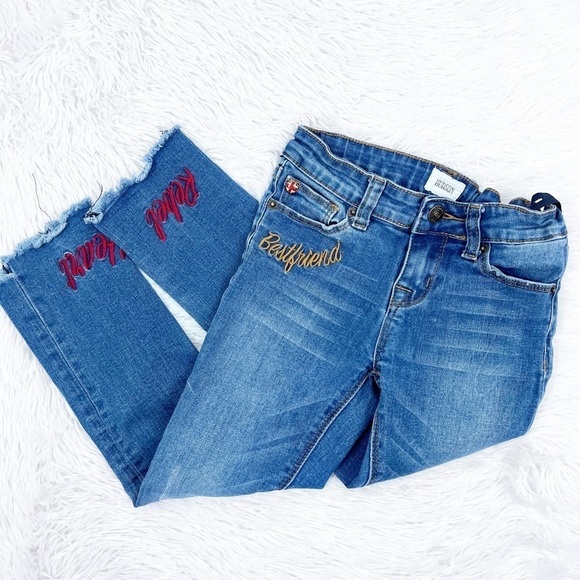 Hudson Girls Raw Hem Embroidered Best friend Rebel Heart Jeans Size 6X - Picture 1 of 9